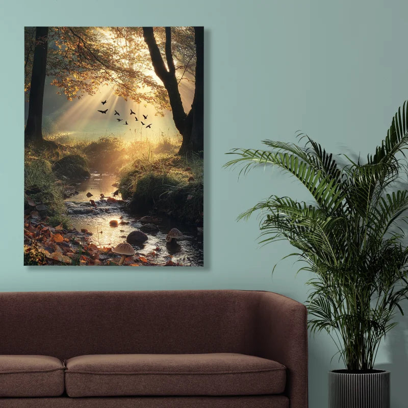 Wanddecoratie plexiglas met een gouden beek in een herfstlandschap