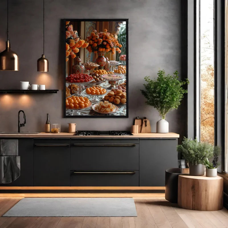 Wanddecoratie plexiglas van een tafel vol kleurrijke zoetigheden en luxe lekkernijen.