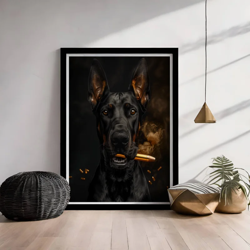 Een poster van een doberman met een kogel in zijn bek.