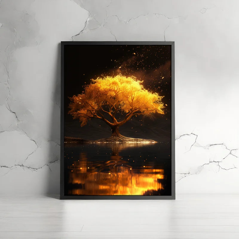 Poster met een gouden boom die straalt in een donkere omgeving, met vallende bladeren en reflecties in het water