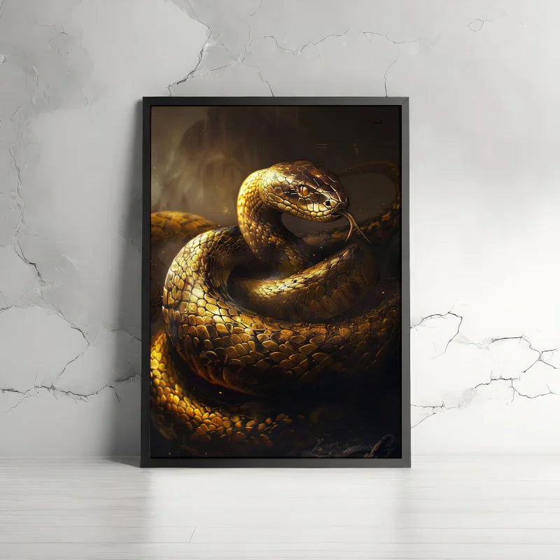 Poster met een glanzende gouden slang in een dramatische en donkere setting