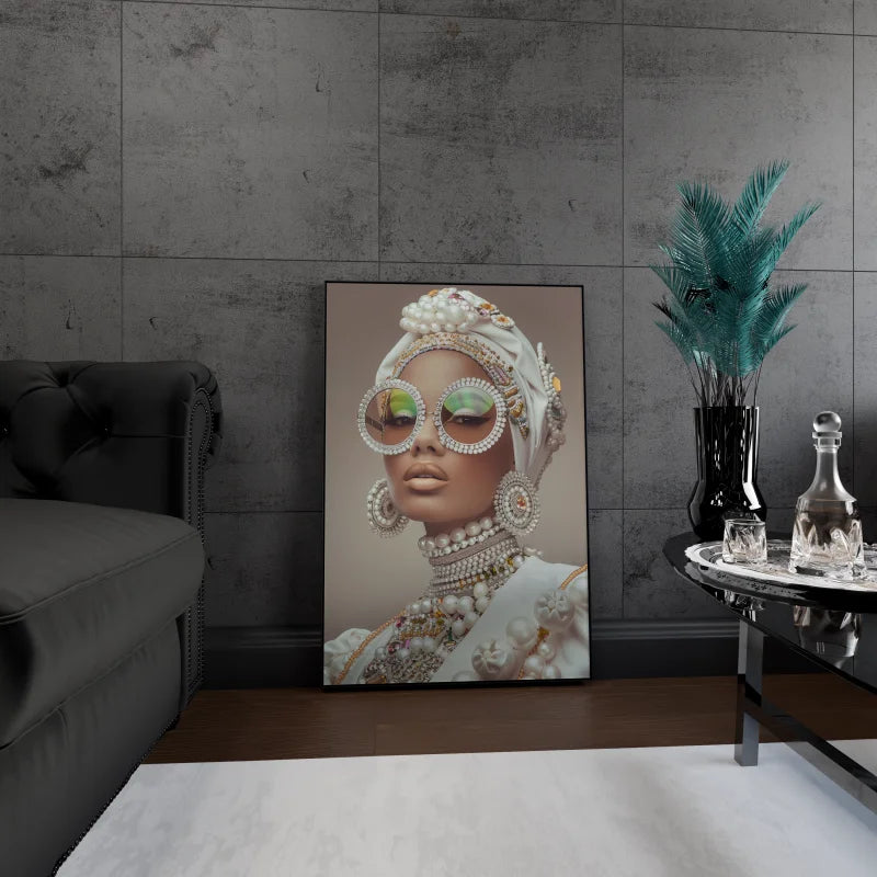 Wanddecoratie plexiglas met een elegant portret in parelstijl