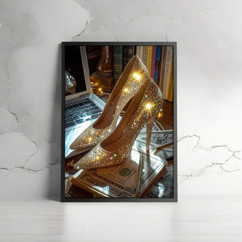 Poster met glinsterende hoge hakken bezet met kristallen, geplaatst op stapels geld en boeken