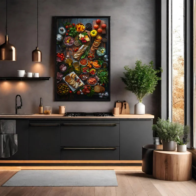 Plexiglas wanddecoratie van een mix met heerlijke ingrediënten en mooie gerechten.