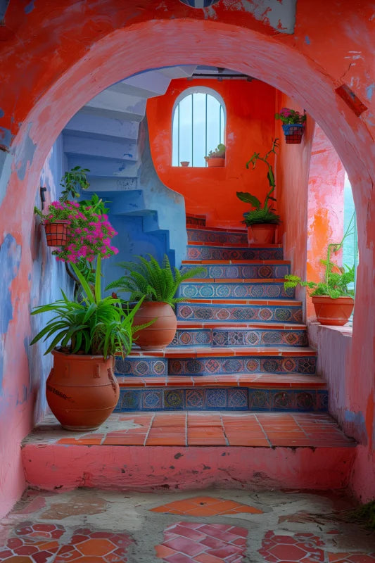 Wanddecoratie plexiglas van een uitnodigende trap in mediterrane stijl, met potplanten en levendige kleuren.