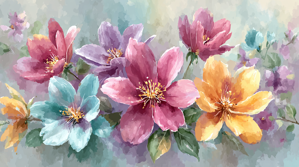 Kunstwerk met een mix van fantasiebloemen op een luchtige achtergrond.