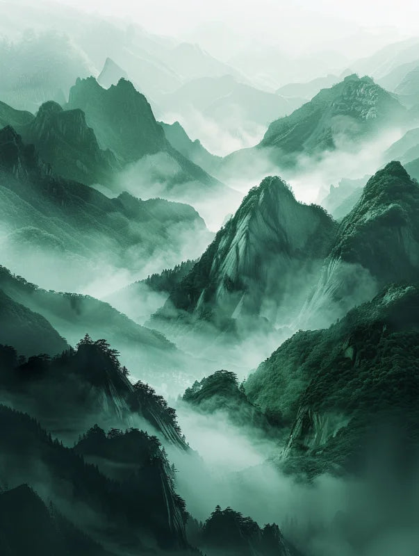 Wanddecoratie dibond van mystieke bergen gehuld in nevel