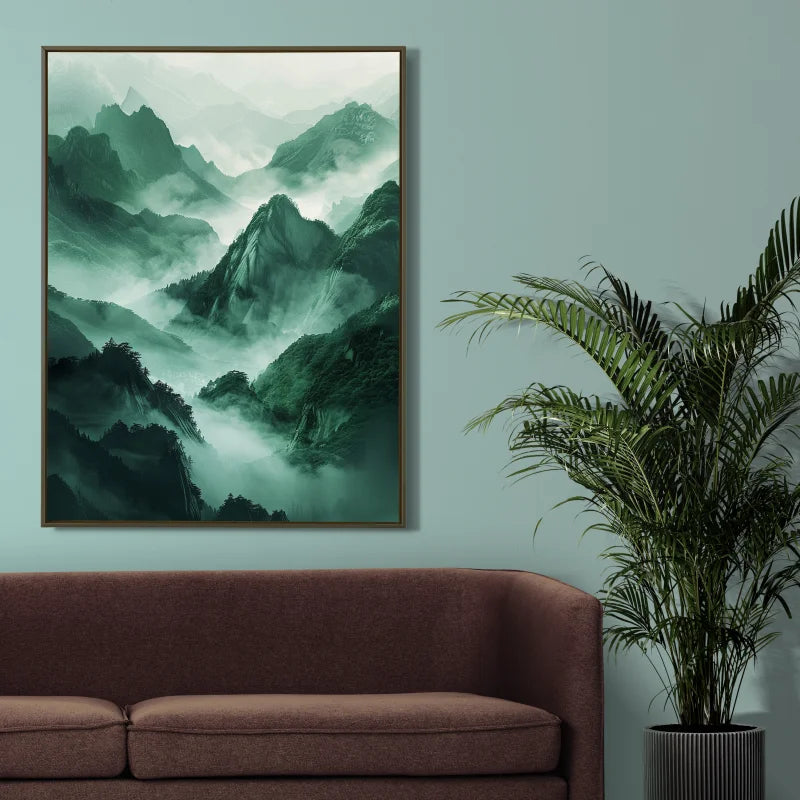 Wanddecoratie dibond van mystieke bergen gehuld in nevel