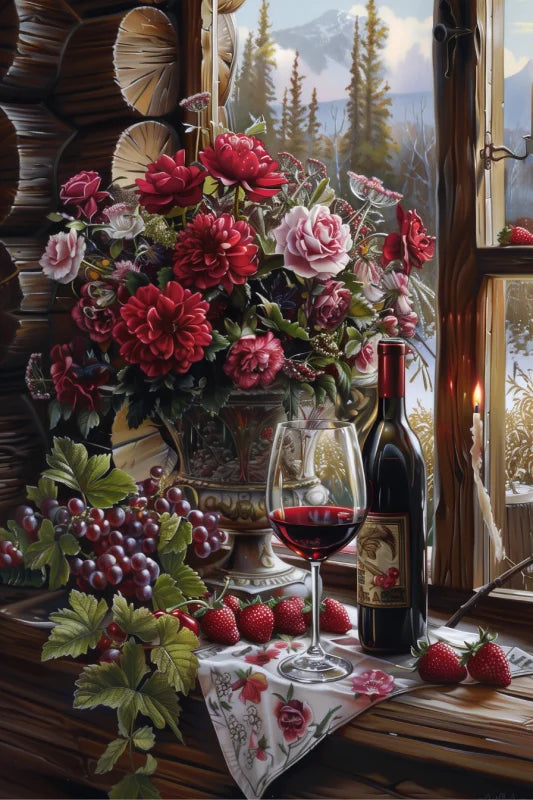 Wanddecoratie dibond van een stilleven met rode bloemen, een glas wijn, en een sfeervolle achtergrond.