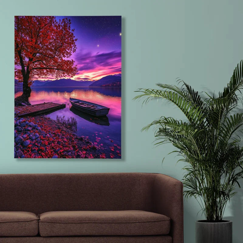 Wanddecoratie canvas met een dramatische lucht in paarse tinten boven een landschap