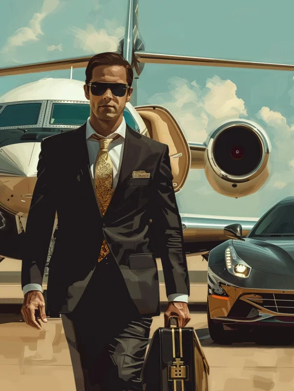 Dibond wanddecoratie van een zakenman met een privéjet en luxe auto.