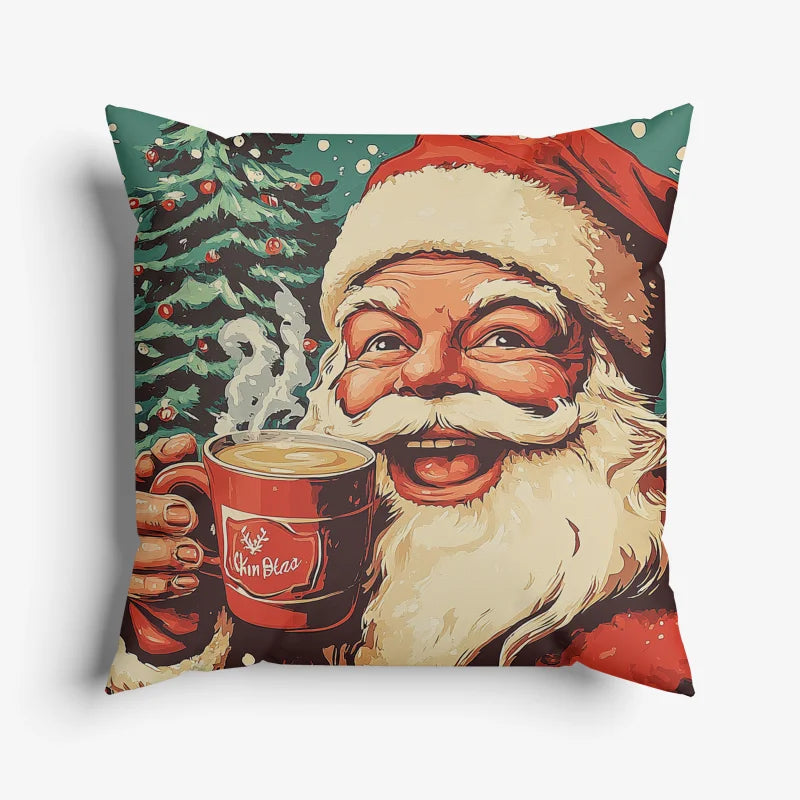 Sierkussen met een vintage afbeelding van de kerstman met warme chocolademelk.