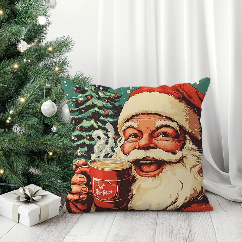 Sierkussen met een vintage afbeelding van de kerstman met warme chocolademelk.