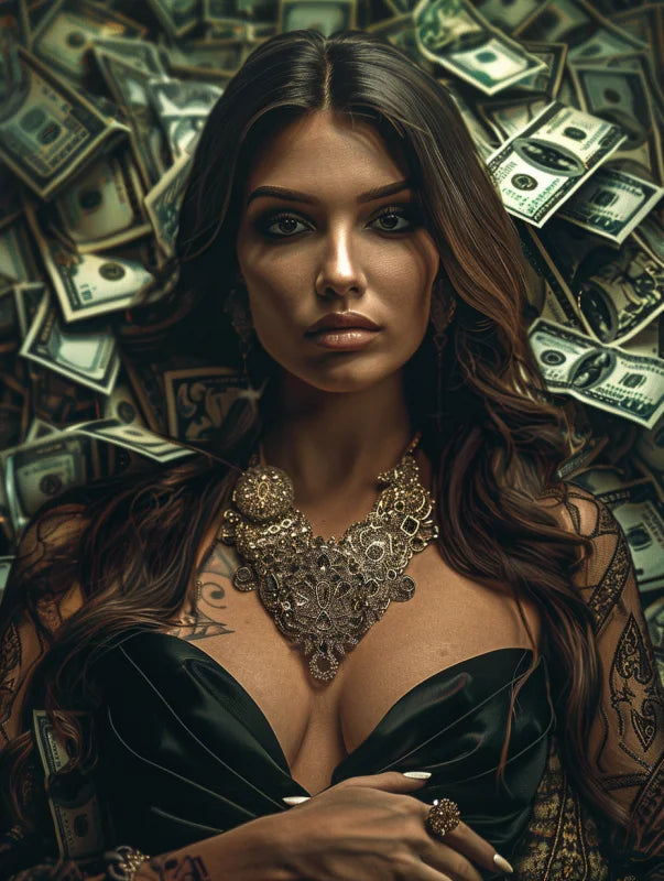 Plexiglas wanddecoratie van een vrouw met luxe sieraden en stapels geld