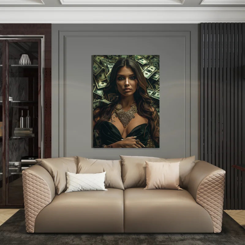 Plexiglas wanddecoratie van een vrouw met luxe sieraden en stapels geld
