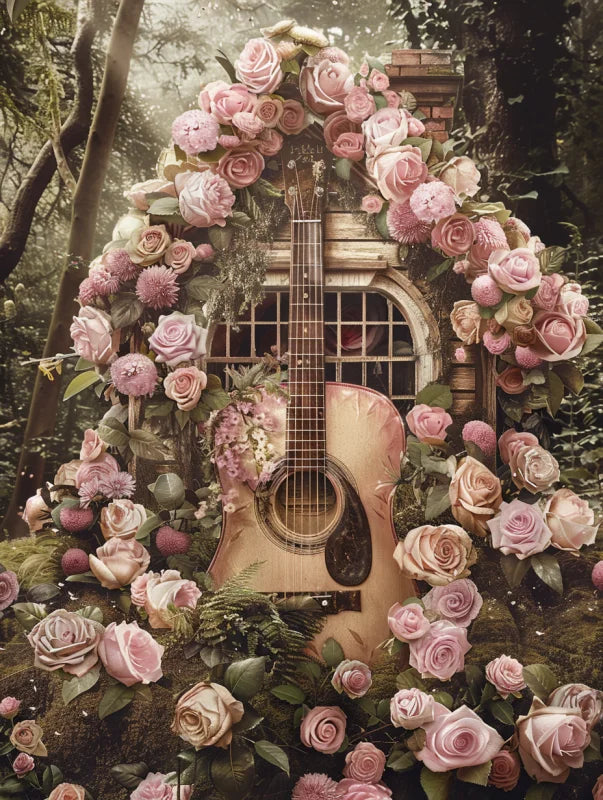 Wanddecoratie plexiglas met een elegant boeket van rozen met gitaar