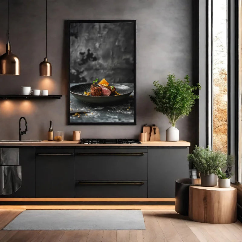 Wanddecoratie dibond Elegant gerecht geserveerd op een stijlvolle zwarte schaal.