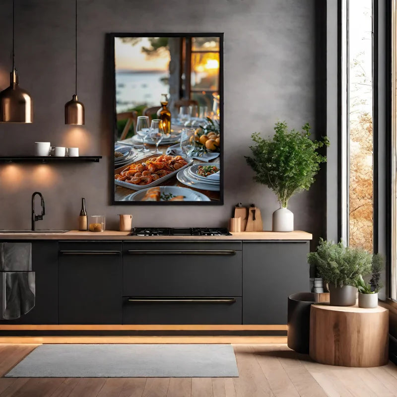 Wanddecoratie canvas van Luxe zeevruchtenmaaltijd geserveerd op een terras met uitzicht op de zonsondergang.