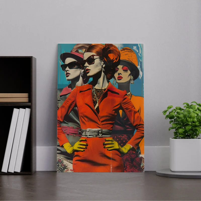 Plexiglas wanddecoratie met een kleurrijke vintage illustratie van een glamoureuze dame