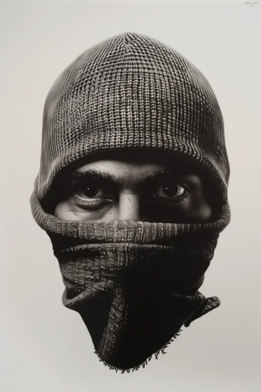 Een zwart wit poster van een man met een bivakmuts