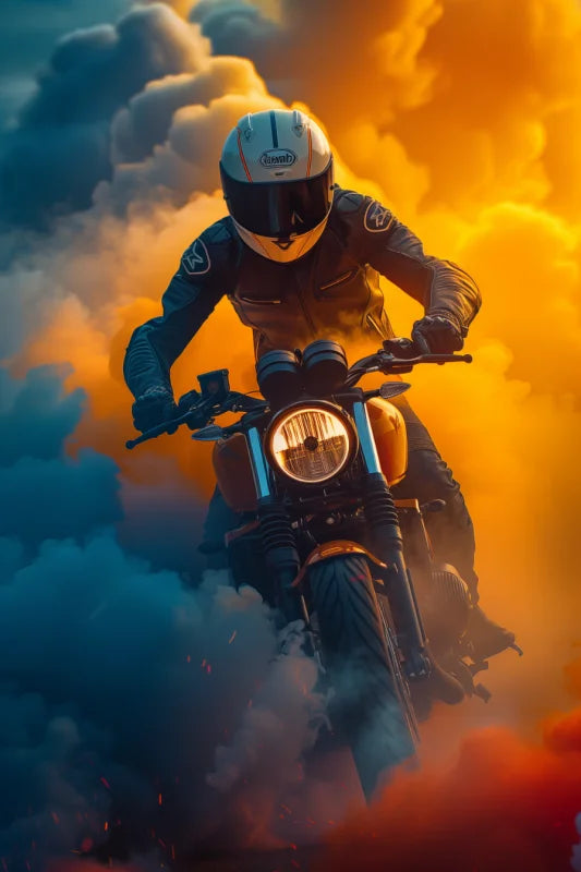 Poster van een motorrijder met kleurrijke rook in de achtergrond.