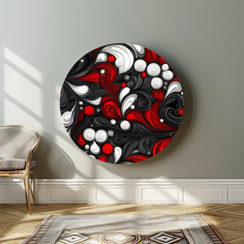 Dibond muurcirkel met rood en zwart patroon.
