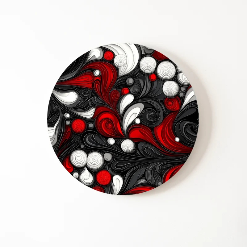 Levendig rood, zwart en wit design op een dibond muurcirkel.