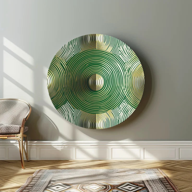 Groen cirkelpatroon op een moderne dibond muurcirkel.