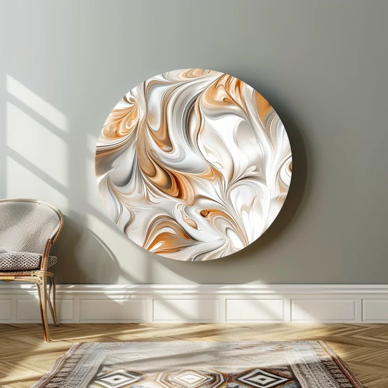 Marmerontwerp met gouden details op een moderne dibond muurcirkel.