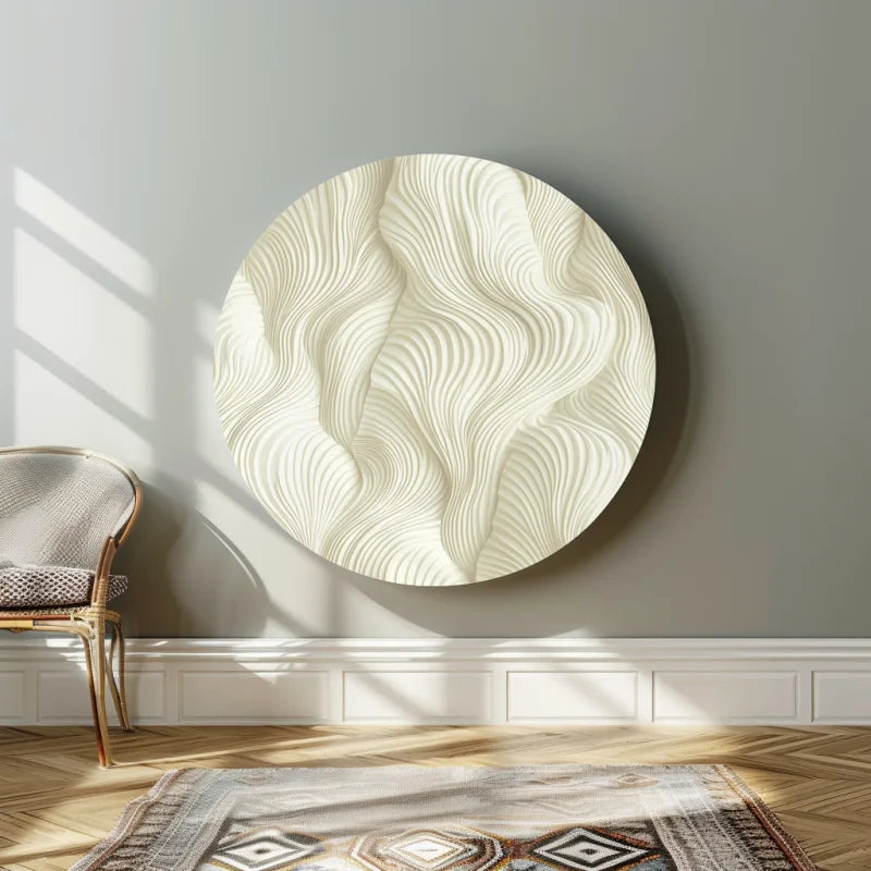 Dibond muurcirkel met abstracte golvende lijnen in wit.