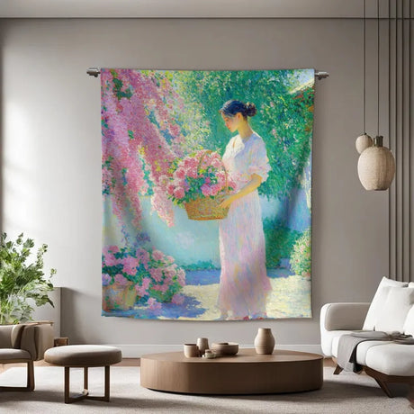 Wandkleed van vrouw met bloemen in haar hand in een bloemen tuin.