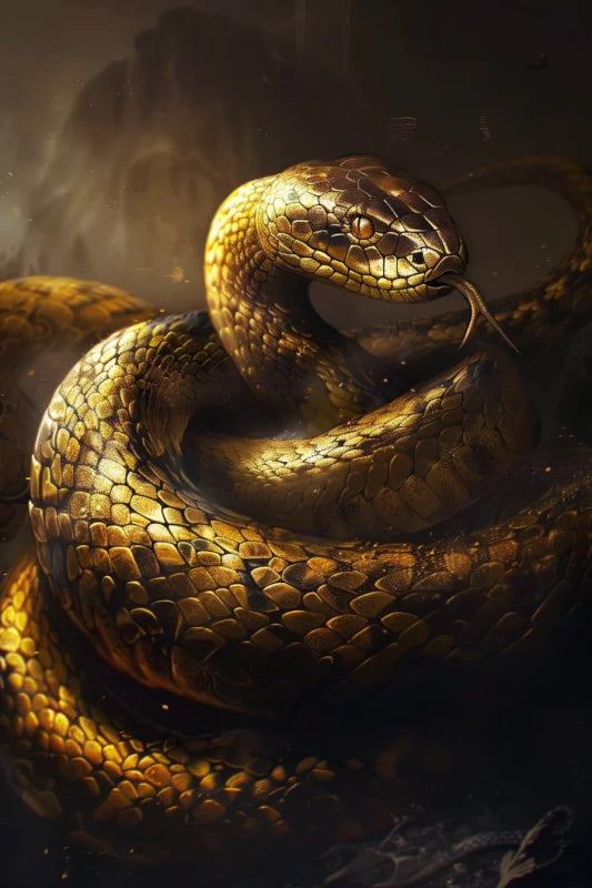 Poster met een glanzende gouden slang in een dramatische en donkere setting
