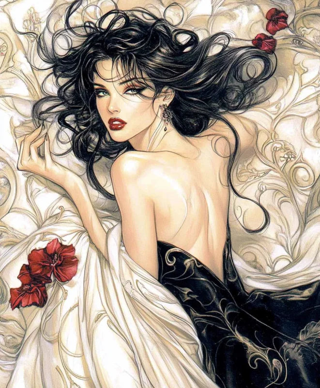 Wandkleed met een elegant en artistiek portret van een vrouw met donker haar en een gedetailleerd patroon in de achtergrond, omringd door rode bloemen