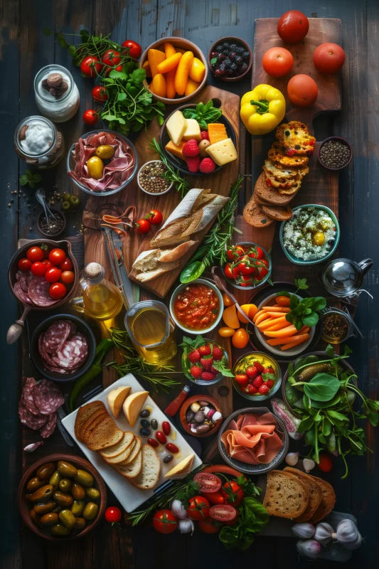 Plexiglas wanddecoratie van een mix met heerlijke ingrediënten en mooie gerechten.