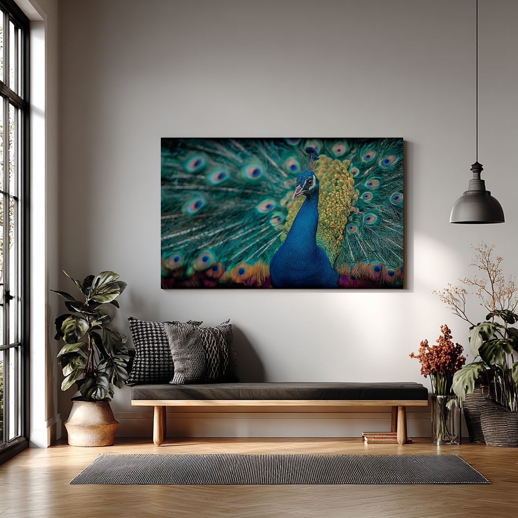 Close-up van een pauw met opvallend blauw en groen verenkleed