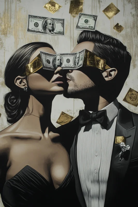 Canvas schilderij van een man met vrouw met vliegend geld om hun heen.