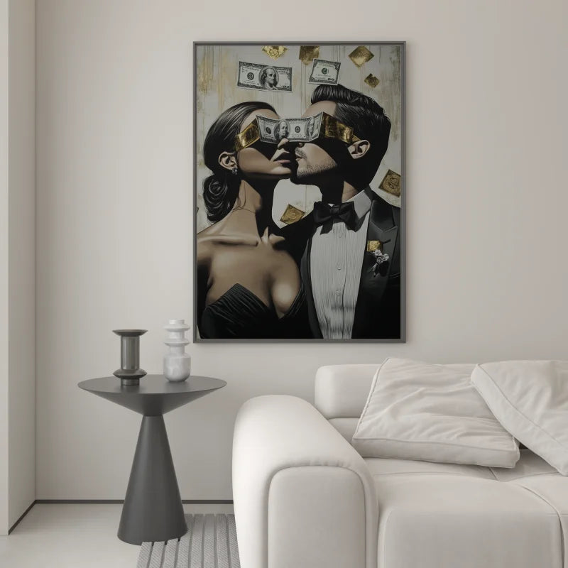 Canvas schilderij van een man met vrouw met vliegend geld om hun heen.