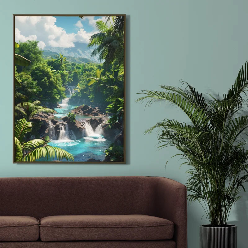 Wanddecoratie dibond met een groen regenwoud in een lichte regenbui