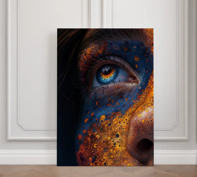 Wanddecoratie van plexiglas van een close-up van een gezicht met een kleurrijke, artistieke look