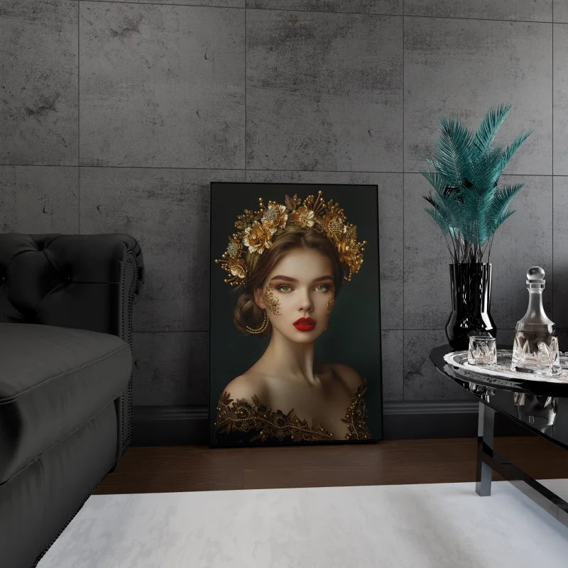 Wanddecoratie plexiglas met een elegant portret van een vrouw met een gouden kroon, een luxueuze en stijlvolle wanddecoratie.