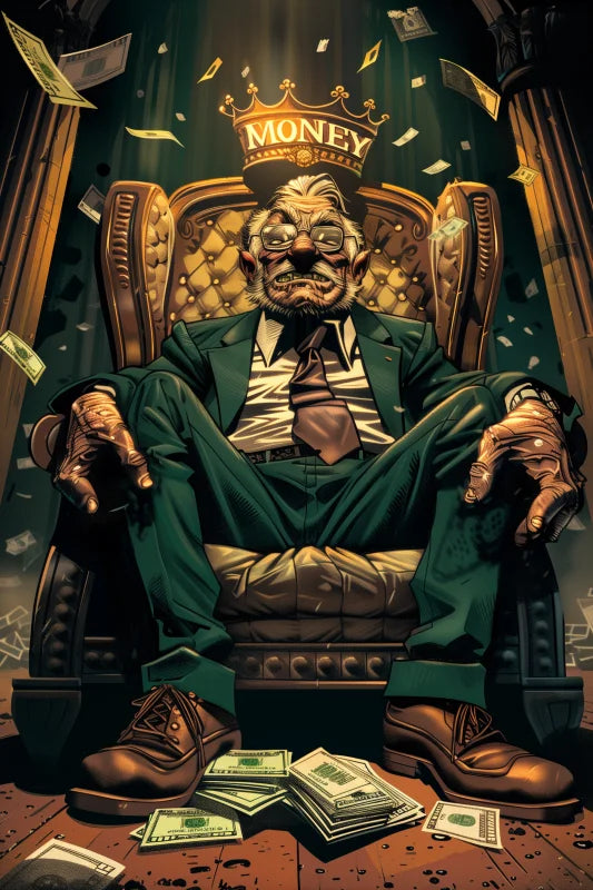 Dibond wanddecoratie van een man op een troon met een kroon en geld.