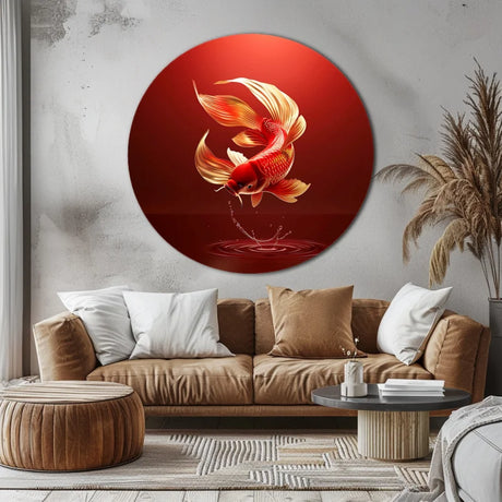 Muurcirkel dibond  met een elegante gouden koi-karper tegen een diepe rode achtergrond