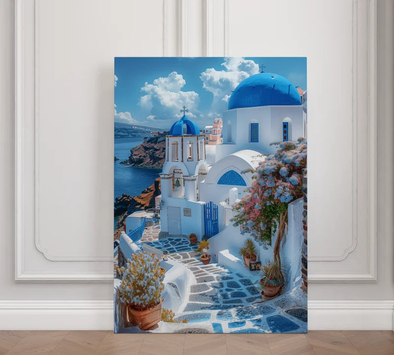 Wanddecoratie plexiglas met Griekse witte huisjes en blauwe koepels.