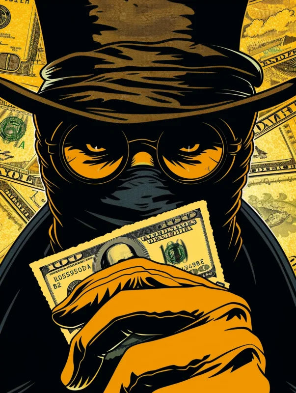 Dibond cartoon wanddecoratie van een gemaskerd gezicht met geld