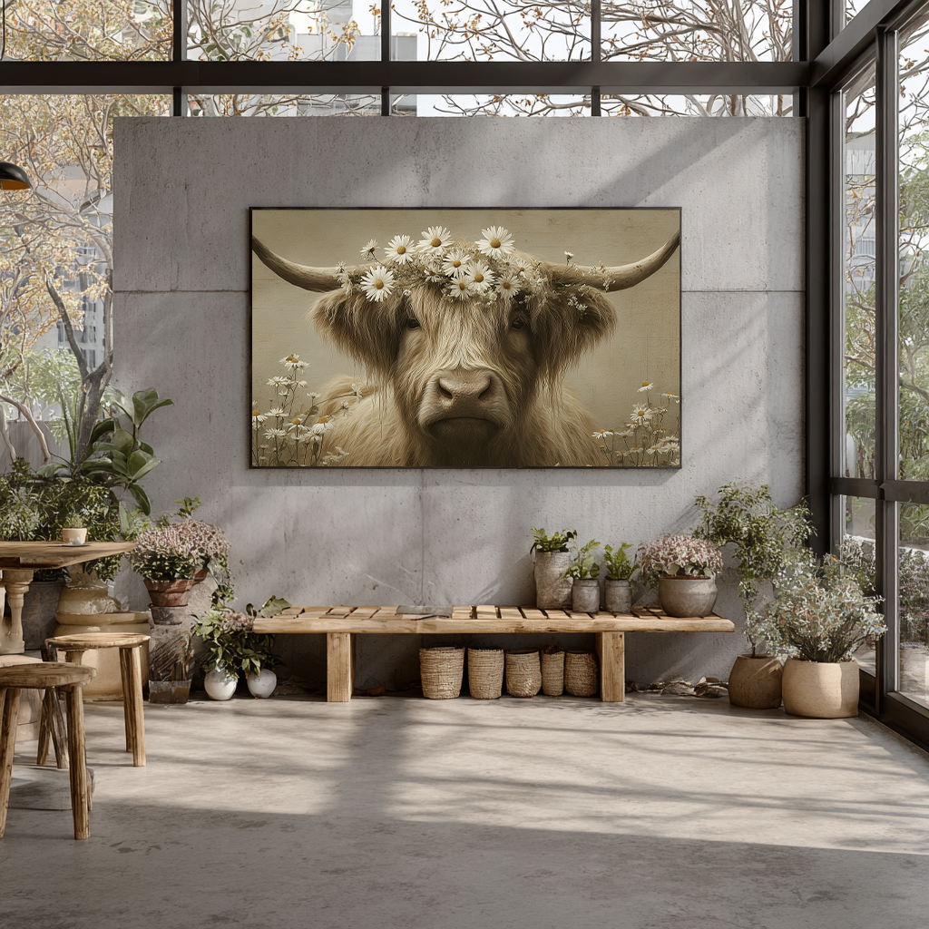 Romantisch schilderij van een koe met bloemen op haar hoofd.