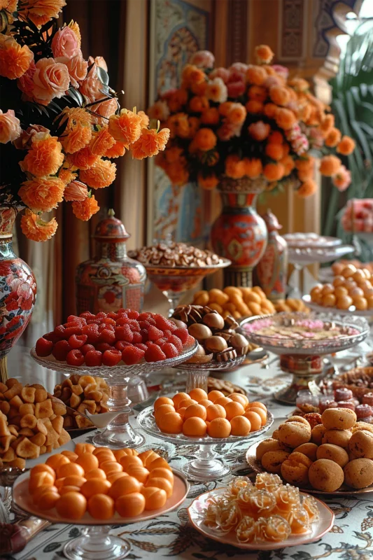 Wanddecoratie plexiglas van een tafel vol kleurrijke zoetigheden en luxe lekkernijen.