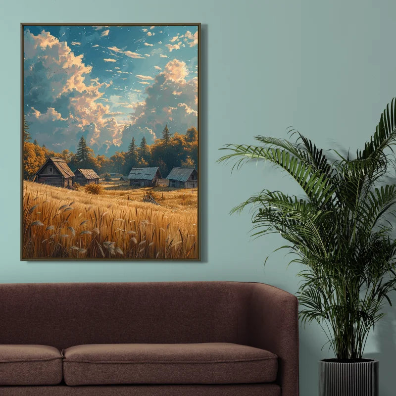 Wanddecoratie plexiglas met glooiende velden in gouden tinten onder een blauwe lucht, perfect voor een warme en landelijke uitstraling