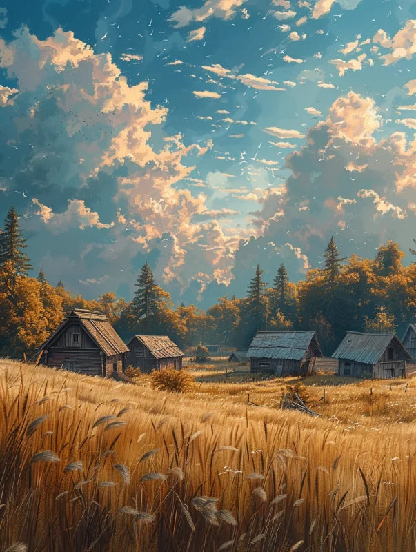 "Wanddecoratie plexiglas met glooiende velden in gouden tinten onder een blauwe lucht, perfect voor een warme en landelijke uitstraling