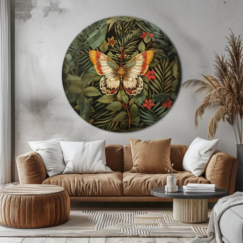 Dibond muurcirkel van een vlinder in een jungle omgeving