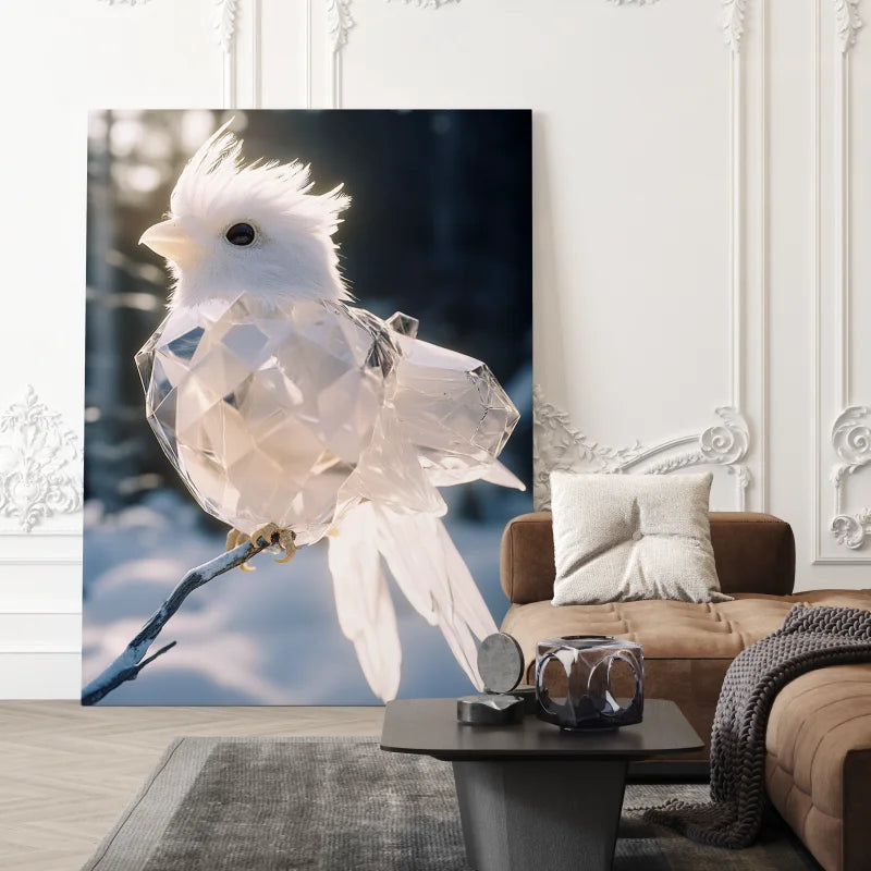 Wanddecoratie op plexiglas van een witte diamant vogel